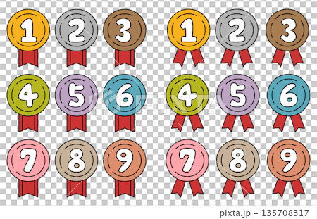 かわいいメダルと手描き風の番号のランキング素材セット 135708317