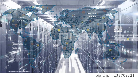 Streaming world map overlay floating through data center corridor, with server racks and data nodes 135708321