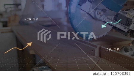 Operating circular miter saw, positioning plank on workbench, with arrows and readouts, copy space 135708395