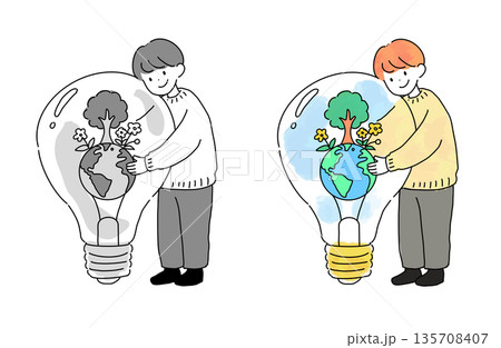 地球と自然が入った電球を持つ子供のイラスト　エコロジーと環境保護　手書きベクター素材 135708407