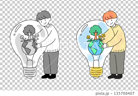 地球と自然が入った電球を持つ子供のイラスト　エコロジーと環境保護　手書きベクター素材 135708407