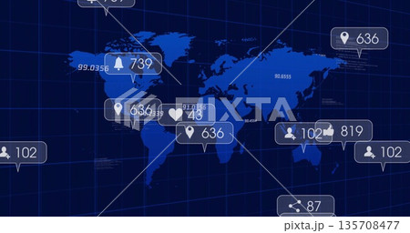 Displaying glowing world map on dark digital grid interface, with metric callouts and location pins Displaying glowing world map on dark digital grid interface, with metric callouts and location pins 135708477