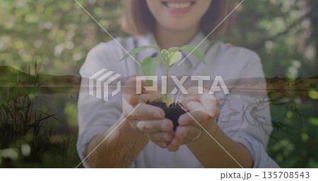 Smiling mid adult Chinese woman holding small green seedling in sunlit wooded clearing, with soil Smiling mid adult Chinese woman holding small green seedling in sunlit wooded clearing, with soil 135708543