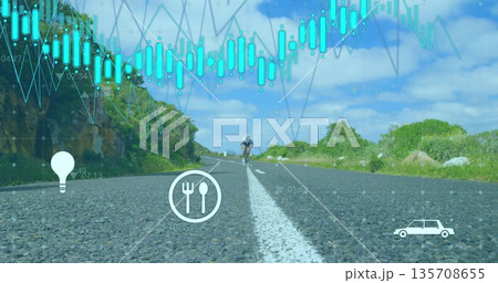 Cycling cyclist pedaling along country road centerline, with candlestick or line overlays, data icon 135708655