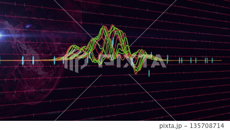 Displaying neon-colored waveforms undulating with sphere and cyan bars over magenta grid lines Displaying neon-colored waveforms undulating with sphere and cyan bars over magenta grid lines 135708714
