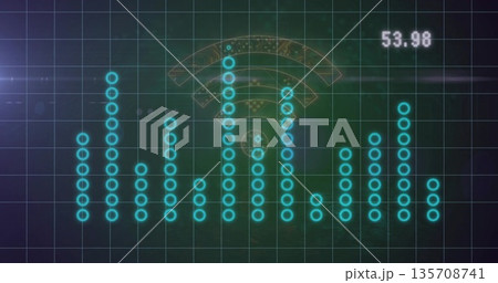 Displaying turquoise bars rising on dashboard, showing grid lines, Wi-Fi icon and numeric readout Displaying turquoise bars rising on dashboard, showing grid lines, Wi-Fi icon and numeric readout 135708741