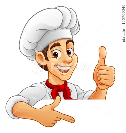 Chef Baker Cook Cartoon Man Thumb Up Pointing Sign 135709346