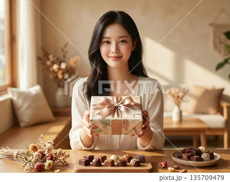 手作りチョコレートをキレイに包んだ20代の女性【バレンタイン】 135709479