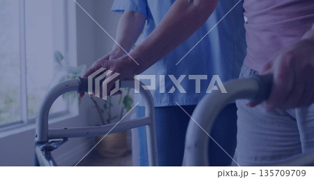 Supporting caregiver in scrubs assisting senior with walker in living area, with plant near window 135709709