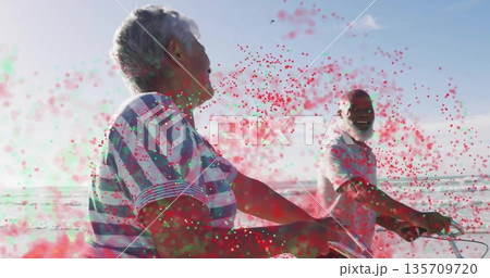 Pedaling senior couple wearing striped shirt and polo shirt on seaside bike path, with bicycles 135709720