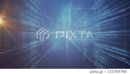 Glowing central translucent panel floating in digital space, with code streams and light flare Glowing central translucent panel floating in digital space, with code streams and light flare 135709766