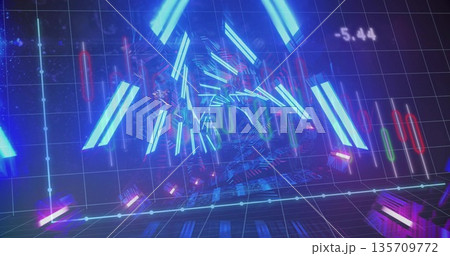 Shining neon tunnel receding into 3D grid, displaying bars, triangles, candlestick charts and -5 Shining neon tunnel receding into 3D grid, displaying bars, triangles, candlestick charts and -5 135709772