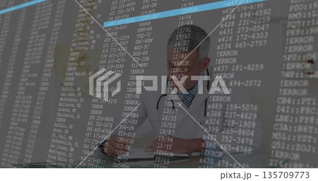 Examining doctor wearing lab coat and stethoscope charting at clinic, with data overlay, copy space Examining doctor wearing lab coat and stethoscope charting at clinic, with data overlay, copy space 135709773
