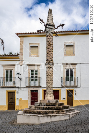 Pelourinho of Elvas in Portugal, a historic stone pillory on a pedestal, with medieval houses in the background. 135710110