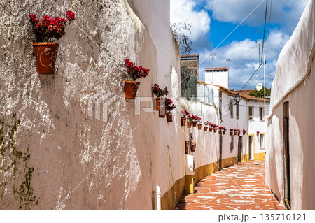 Beautiful narrow cobblestone Rua de Santa Maria street in the traditional village of Nisa, in Alentejo, Portugal Beautiful narrow cobblestone Rua de Santa Maria street in the traditional village of Nisa, in Alentejo, Portugal 135710121