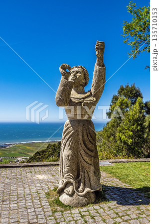 Statue at top of Mount Santa Luzia in Viana do Castelo, Portugal. Area beaches in background 135710153