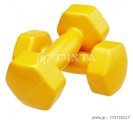 Two Yellow Fitness Dumbbells Perspective View 135710227