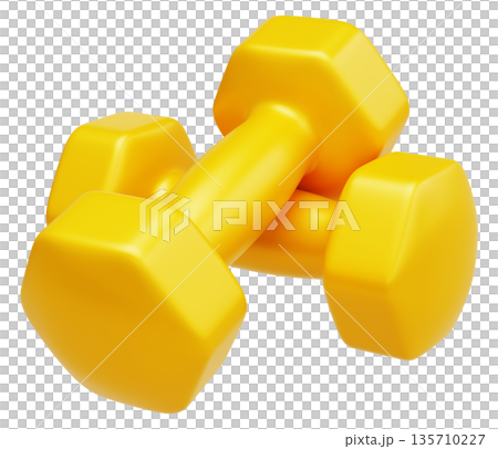 Two Yellow Fitness Dumbbells Perspective View 135710227