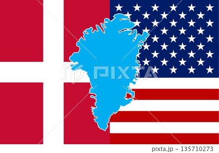 Denmark Flag And United States Flag With Greenland Map Silhouette Overlay In A Global Context. 135710273