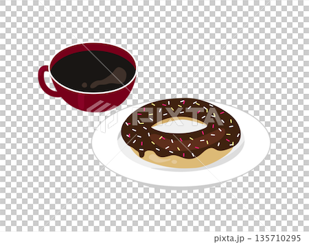 Hot coffee and donuts on a plate 135710295