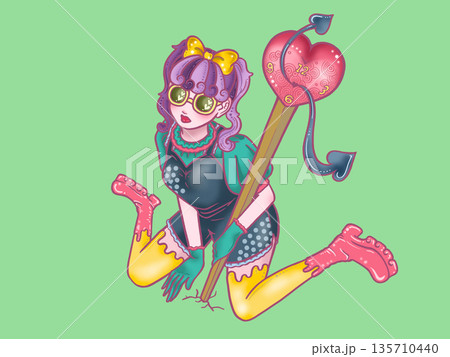 ハートの時計と座っている女の子　緑背景 135710440