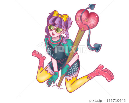 ハートの時計と座っている女の子 白背景 ハートの時計と座っている女の子 白背景 135710443