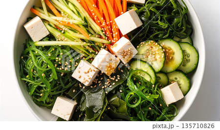 豆腐と海藻の和風サラダ 白背景 俯瞰 盛り付け 野菜 とうふ わかめ きゅうり 人参 ヘルシー 料理 135710826