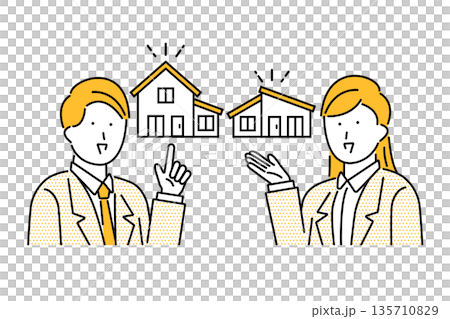 Businessman and businesswoman pointing at a house 135710829