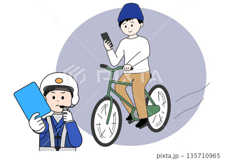 スマホを見ながら自転車に乗る男性に青切符を出す警察官 スマホを見ながら自転車に乗る男性に青切符を出す警察官 135710965