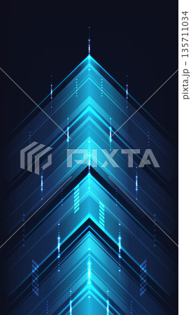 futuristic blue technology arrows pointing upward with glowing neon light streaks and digital geometric patterns on a dark background for business growth and high tech innovation concepts 135711034