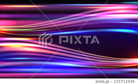 Abstract neon light trails with dynamic magenta and blue glowing lines on dark background representing high speed technology 135711038
