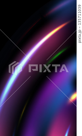 Abstract neon light trails on black background with glowing purple and blue curved lines for futuristic technology and speed concepts Abstract neon light trails on black background with glowing purple and blue curved lines for futuristic technology and speed concepts 135711039