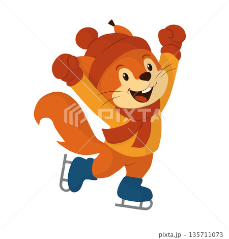 Joyful squirrel jumping on ice with raised paws. Flat vector illustration. This dynamic winter animal character suits children sports themes, festive visuals, active learning materials, skating events Joyful squirrel jumping on ice with raised paws. Flat vector illustration. This dynamic winter animal character suits children sports themes, festive visuals, active learning materials, skating events 135711073