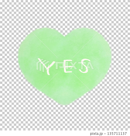 Simple watercolor illustration of a heart mark with the word YES in green Simple watercolor illustration of a heart mark with the word YES in green 135711137