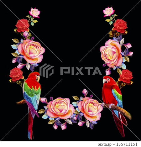 Painting  of roses flowers and  Macaw bird. 135711151