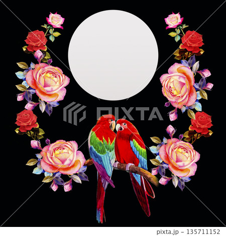 Painting  of roses flowers and  Macaw bird. 135711152