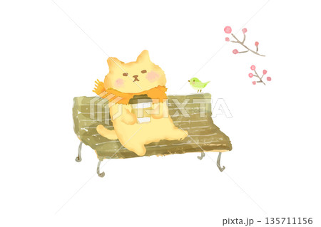 ベンチでのんびりコーヒーを楽しむかわいい猫の水彩イラスト素材 135711156