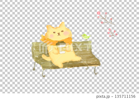 ベンチでのんびりコーヒーを楽しむかわいい猫の水彩イラスト素材 135711156