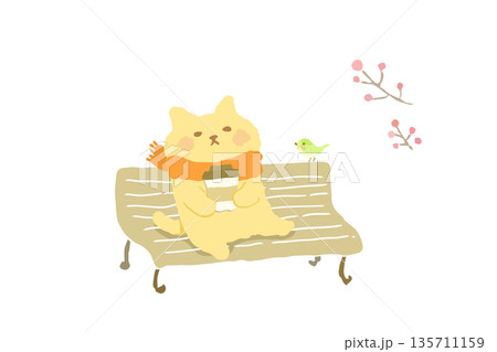 ベンチでのんびりコーヒーを楽しむかわいい猫の手描きイラスト素材 135711159