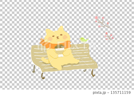 ベンチでのんびりコーヒーを楽しむかわいい猫の手描きイラスト素材 135711159