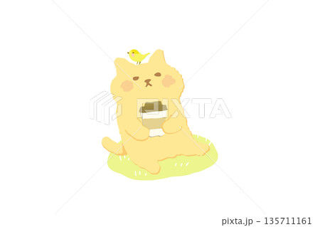 芝生でのんびりコーヒーを楽しむかわいい猫の手描きイラスト素材 135711161