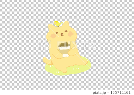 Hand-drawn illustration of a cute cat relaxing on the grass and enjoying coffee 135711161