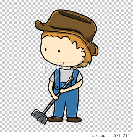 Cute farmer boy holding a rake cartoon illustration Cute farmer boy holding a rake cartoon illustration 135711234