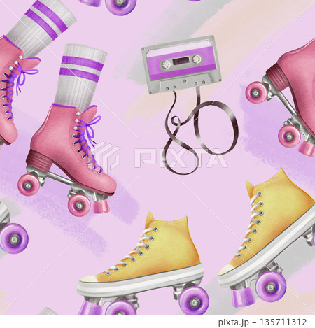 Two pairs of retro style roller skates in yellow and pink colors with white socks and purple wheels in a movement,cassette from portable retro player as symbols of 80s 90s,nostalgia and youth 135711312