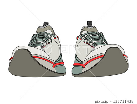 正面から見た赤とグレーのスニーカーのイラスト 前向き フラット 135711439