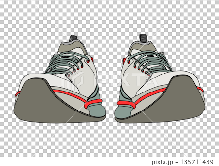 正面から見た赤とグレーのスニーカーのイラスト 前向き フラット 135711439