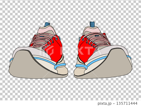 正面から見た赤とベージュのスニーカーのイラスト 前向き フラット 正面から見た赤とベージュのスニーカーのイラスト 前向き フラット 135711444