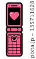 Stylized pink flip phone icon on white. Features a heart on the screen and keypad. Valentine's Day. Cute retro vibe. 135711628