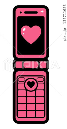 Stylized pink flip phone icon on white. Features a heart on the screen and keypad. Valentine's Day. Cute retro vibe. 135711628