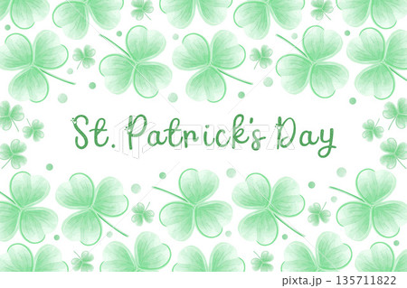 Horizontal banner with a watercolor shamrock for St. Patrick's Day. Irish green clover frame on a white background with a greeting text. Vector template for an Irish folk festival. Horizontal banner with a watercolor shamrock for St. Patrick's Day. Irish green clover frame on a white background with a greeting text. Vector template for an Irish folk festival. 135711822